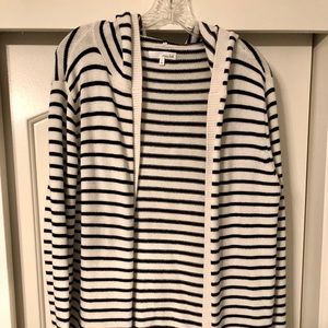 black and white striped hooded open sweater